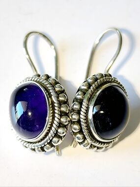 Large Amethysts Cabochons Sterling Silver Earrings